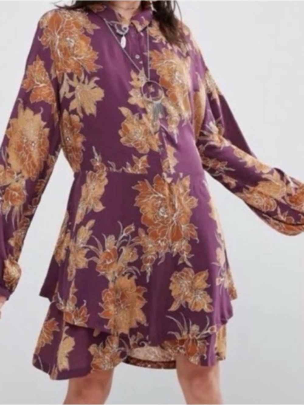 Free People Shake It Up Purple Floral Tiered Long-Sleeve Tunic Dress
